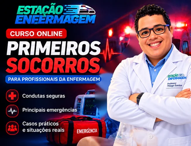 Banner do Curso Online de Primeiros Socorros para profissionais da enfermagem, com o Prof. Thiago Santos