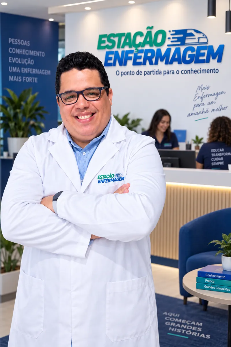 Professor Thiago Santos na recepção do Estação Enfermagem, em frente à parede com o logotipo