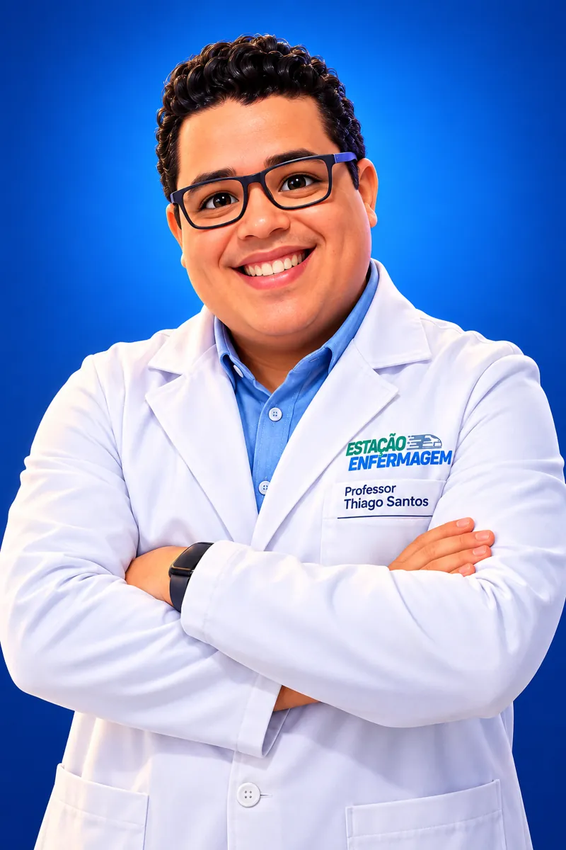 Professor Thiago Santos de jaleco branco, braços cruzados e sorrindo